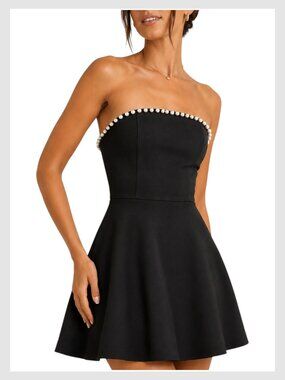 Altar'd State Londyn Strapless Black Pearl-Trim Fit & Flare Mini Dress S